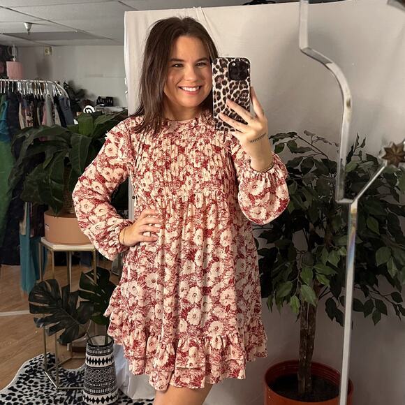 Free People These Dreams Red Floral Print Pleated Mini Dress in Tea Combo - Picture 1 of 8
